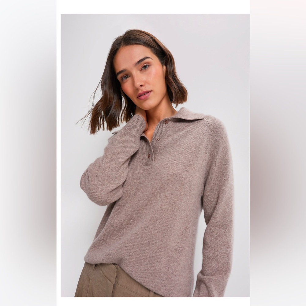 NWT Tuckernuck Wheat Carlisle Cashmere Banded Polo Sweater, Size Large